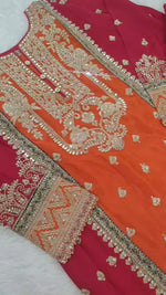 Load and play video in Gallery viewer, Readymade Chinon Fabric Embroidered Punjabi Style Palazzo Suit In Orange Color
