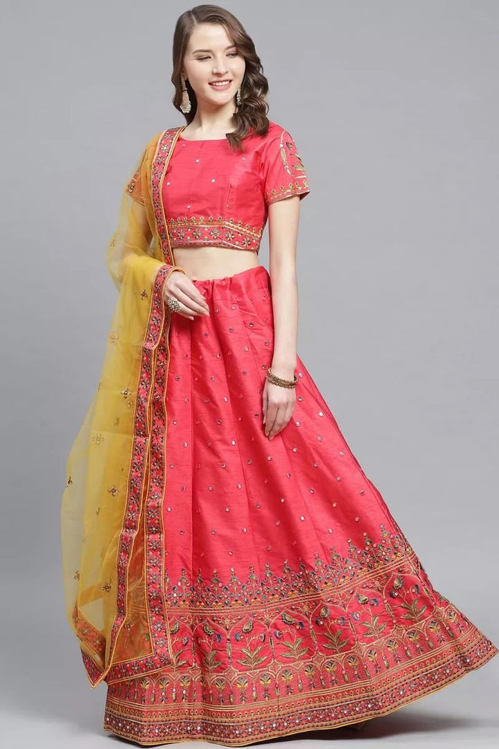 Sangeet Function Wear Peach Color Art Silk Fabric Embroidered Designer Lehenga Choli