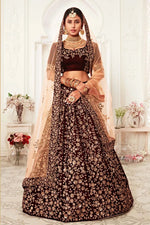 Load image into Gallery viewer, Maroon Color Velvet Fabric Sangeet Wear Embroidered Fancy Lehenga Choli
