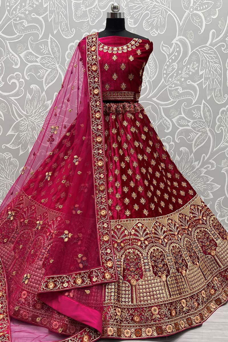 Pink Color Velvet Fabric Wedding Wear Princely Thread Embroidered Work Bridal Lehenga