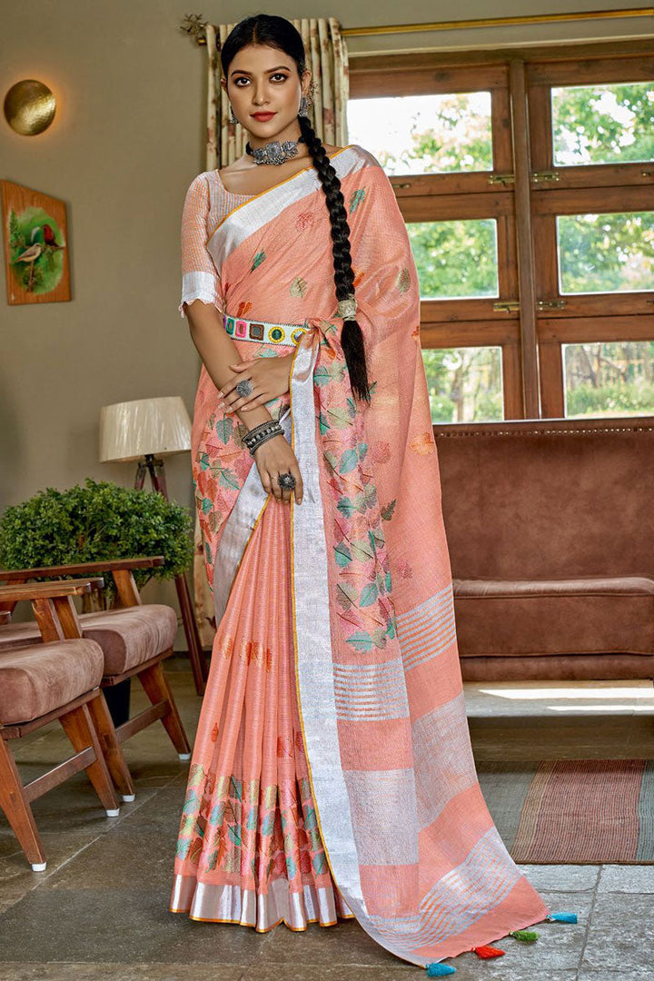 Festive Look Peach Color Linen Fabric Lovely Saree