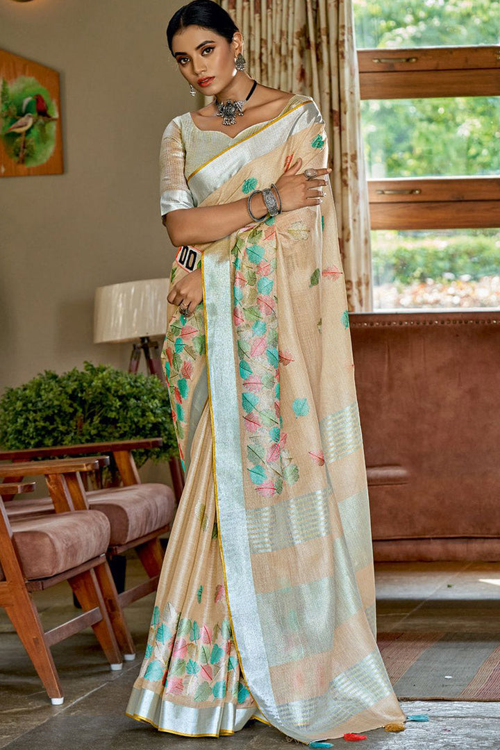 Beige Color Linen Fabric Festive Look Classic Saree