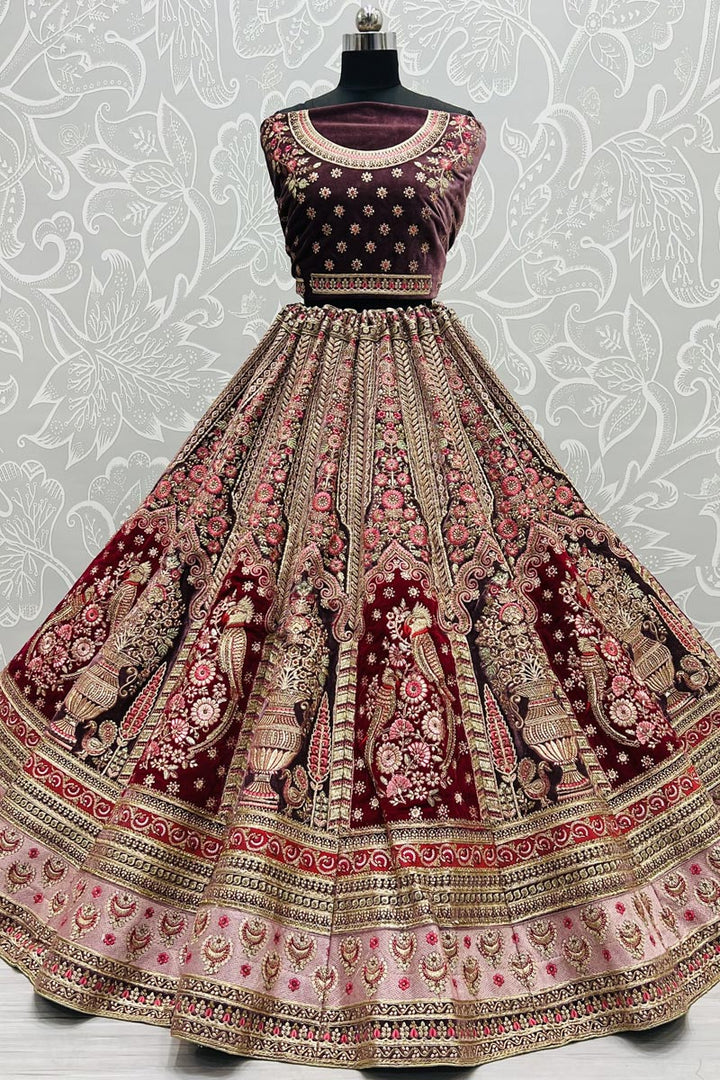 Wine Color Glamorous Bridal Look Velvet Lehenga
