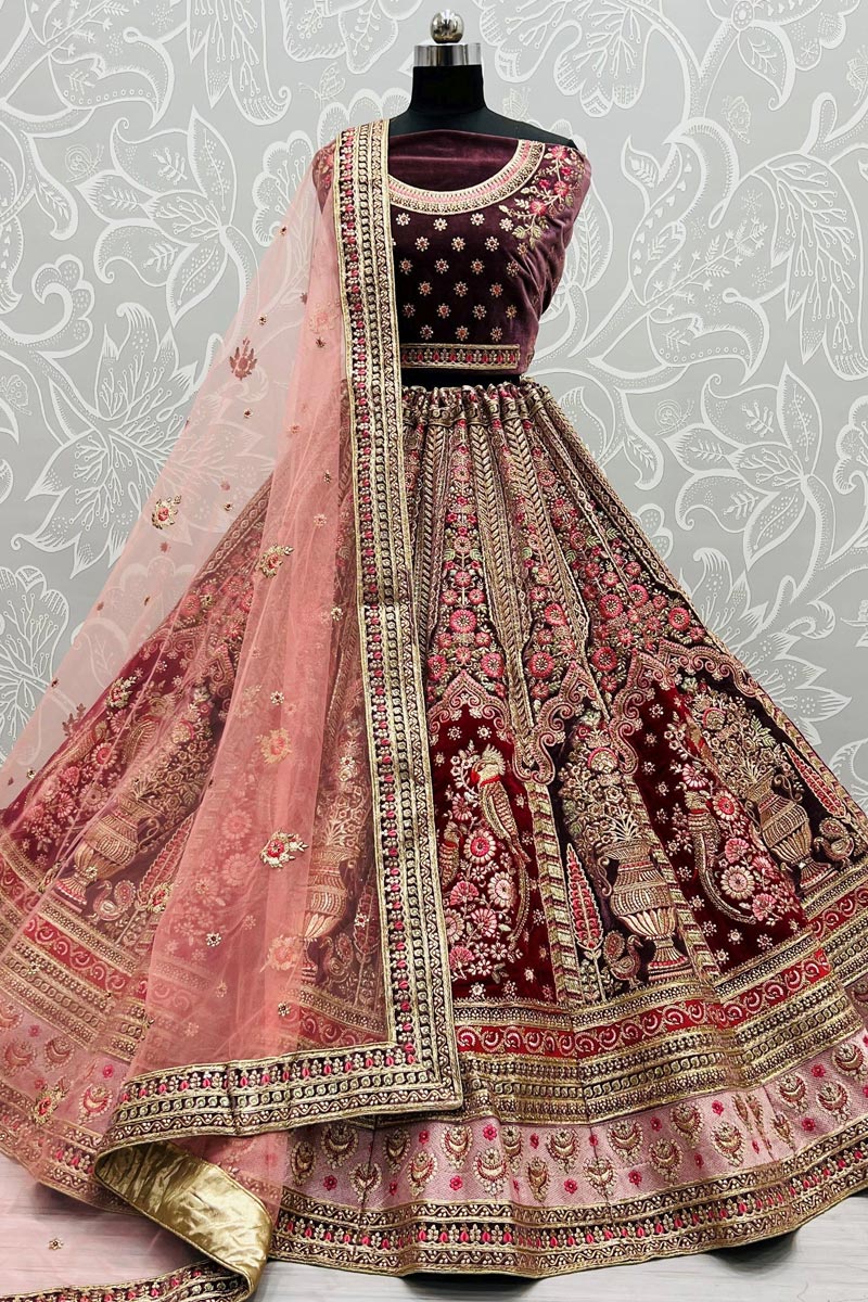 Wine Color Glamorous Bridal Look Velvet Lehenga