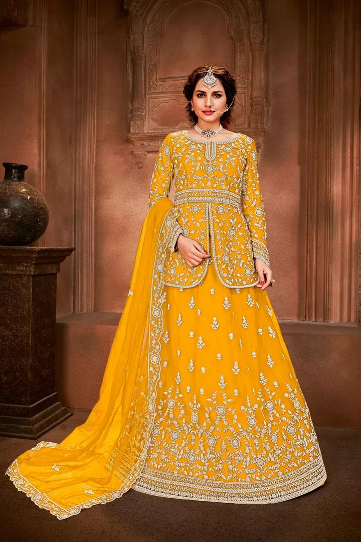 Yellow Color Net Fabric Fancy Embroidered Function Wear Sharara Top Lehenga