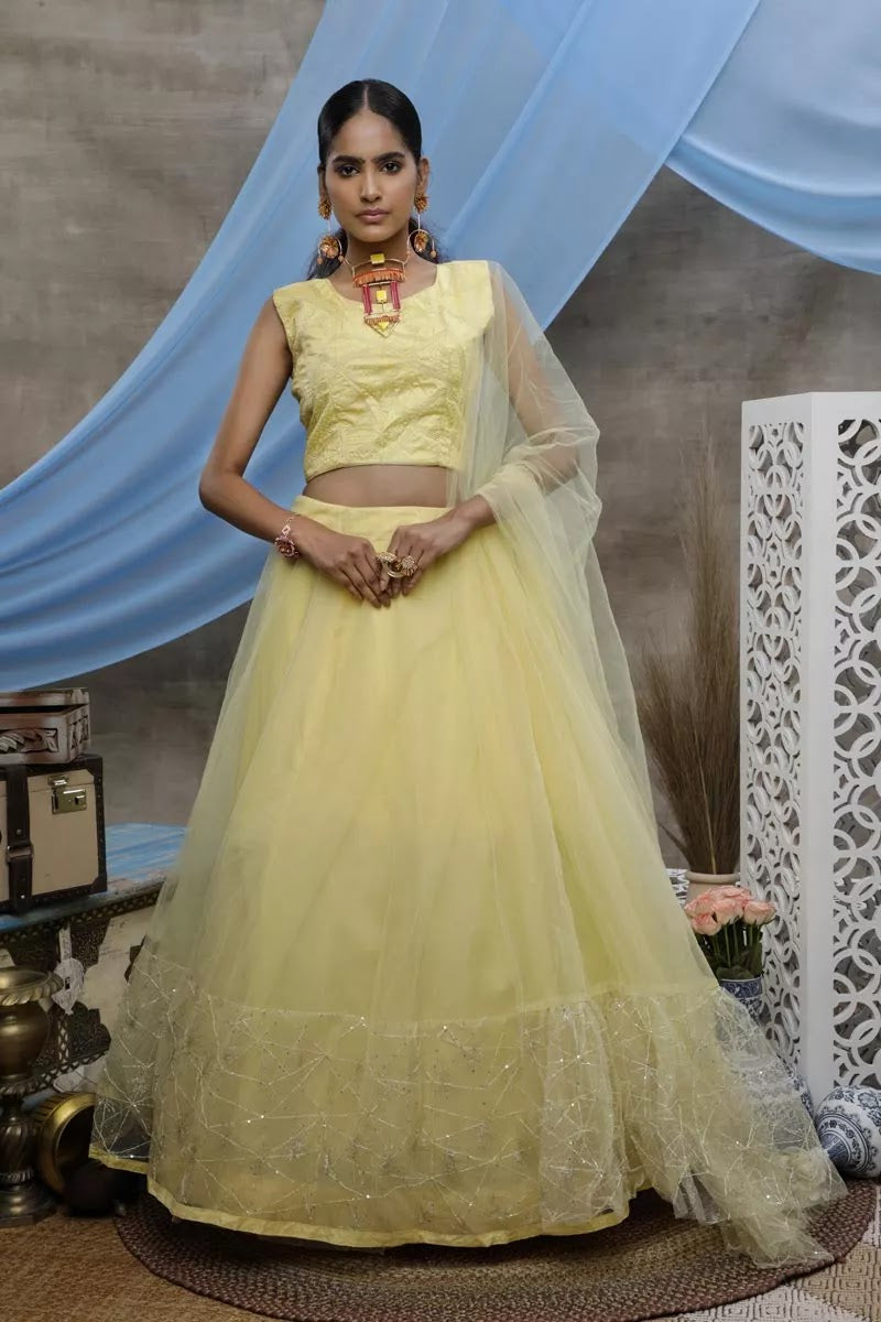 Sangeet Wear Yellow Color Net Fabric Thread Embroidered Lehenga Choli