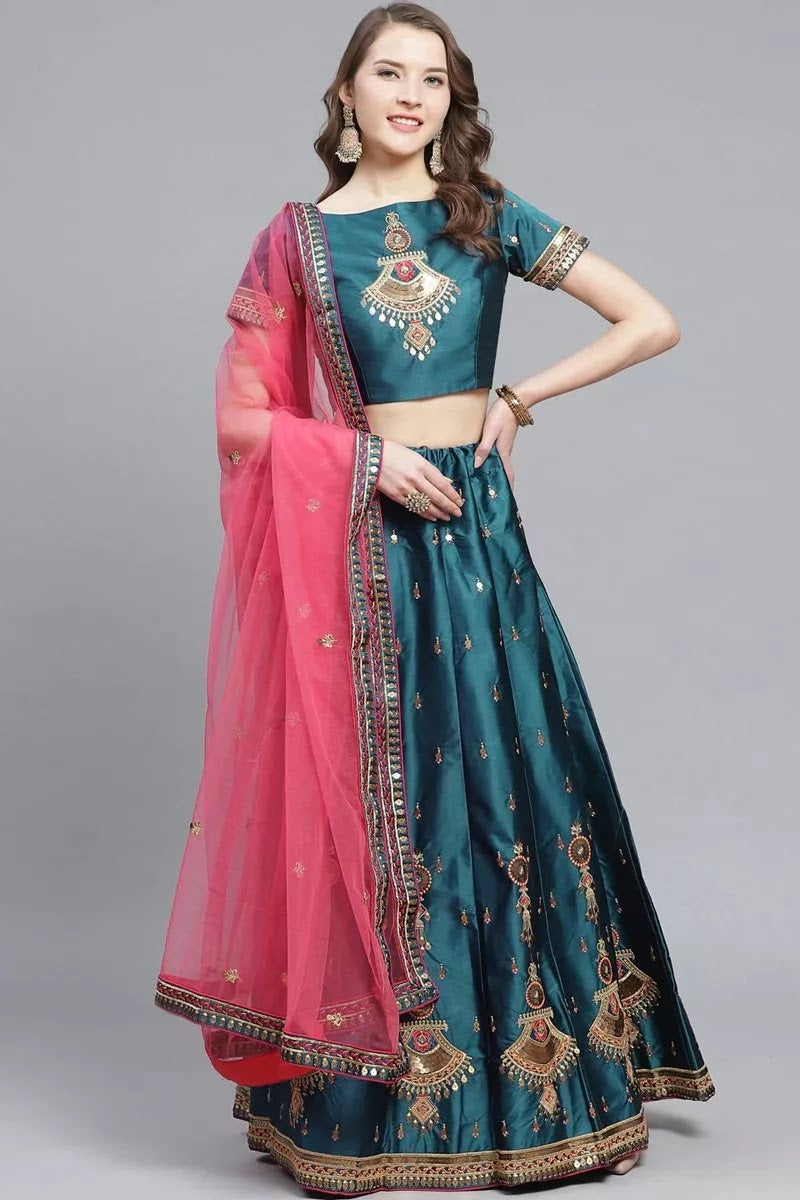 Sangeet Wear Teal Color Satin Fabric Embroidered Designer Lehenga Choli