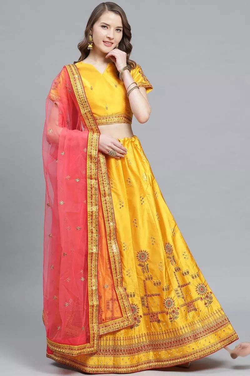 Mustard Color Sangeet Function Wear Designer Embroidered Satin Fabric Lehenga
