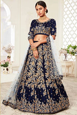 Load image into Gallery viewer, Sangeet Wear Embroidered Fancy Lehenga Choli In Navy Blue Color Velvet Fabric
