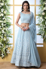 Load image into Gallery viewer, Function Wear Light Cyan Color Georgette Fabric Embroidered Designer Lehenga Choli
