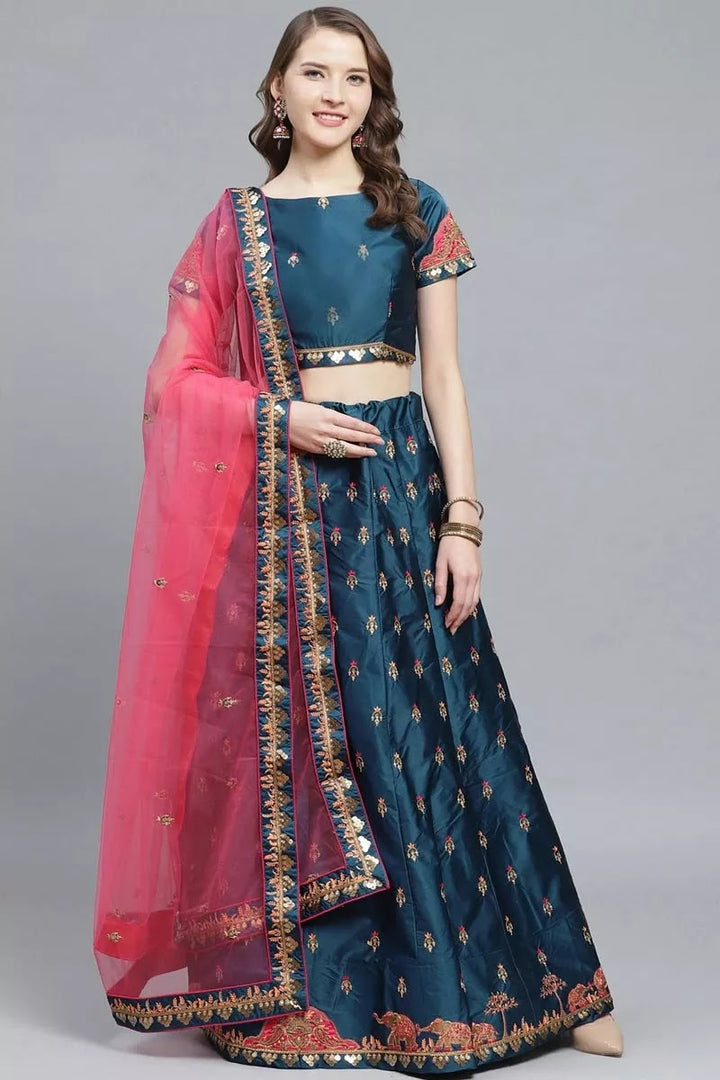 Sangeet Function Wear Satin Fabric Embroidered Teal Color Designer Lehenga Choli