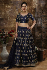Load image into Gallery viewer, Embroidery Designs On Navy Blue Color Art Silk Fabric Wedding Wear Lehenga
