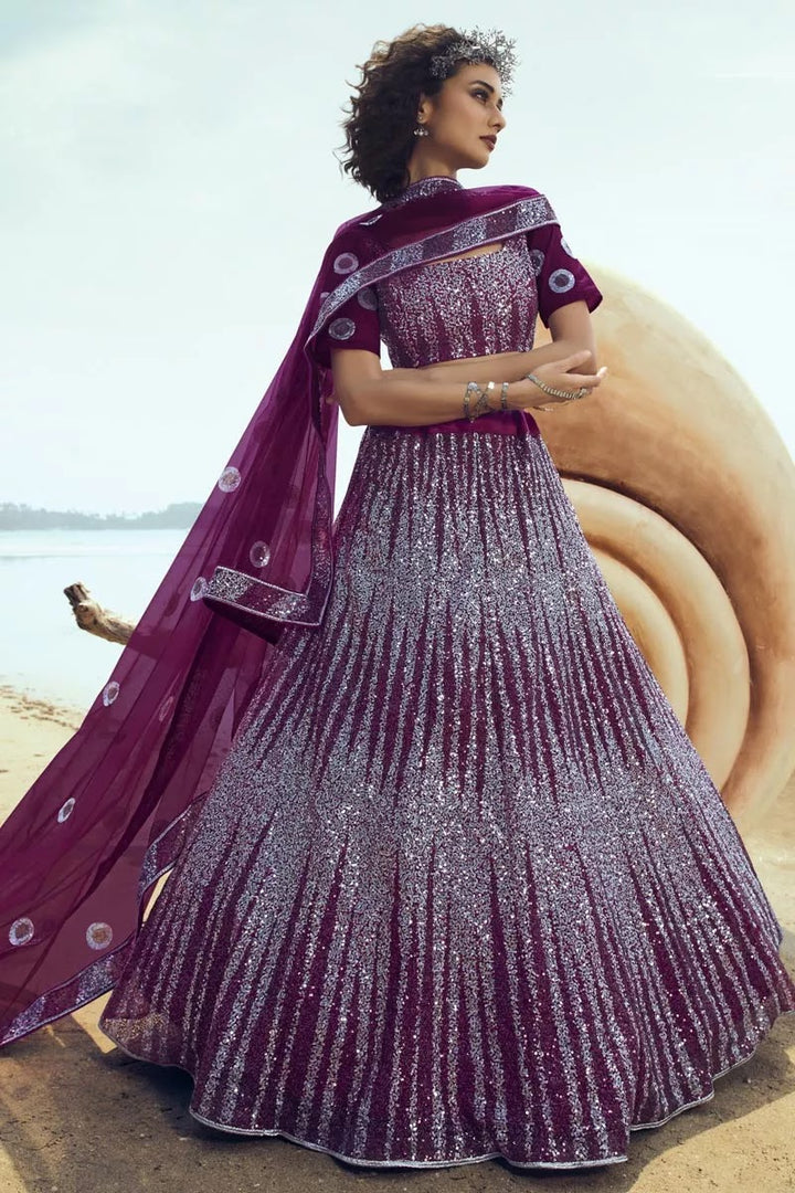 Sequins Work Purple Color Wedding Lehenga