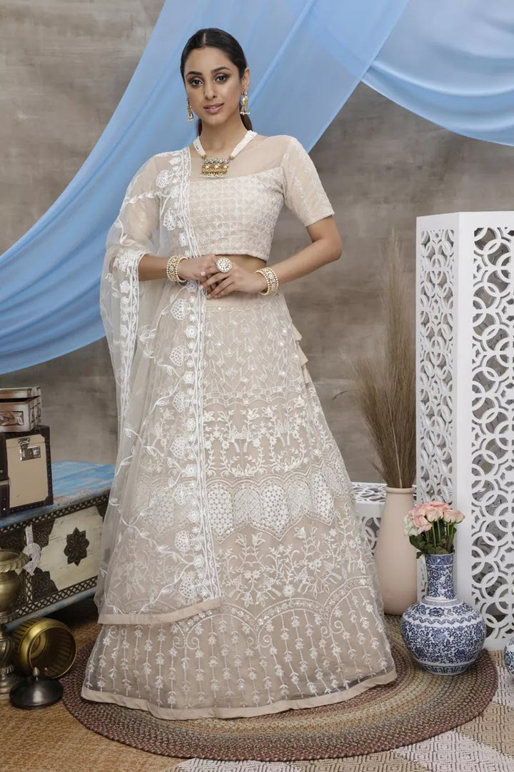 Net Fabric Beige Color Wedding Wear 3 Piece Lehenga Choli With Embroidery Work