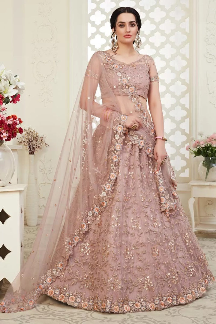 Pink Color Embroidery Work Net Fabric Wedding Wear Lehenga