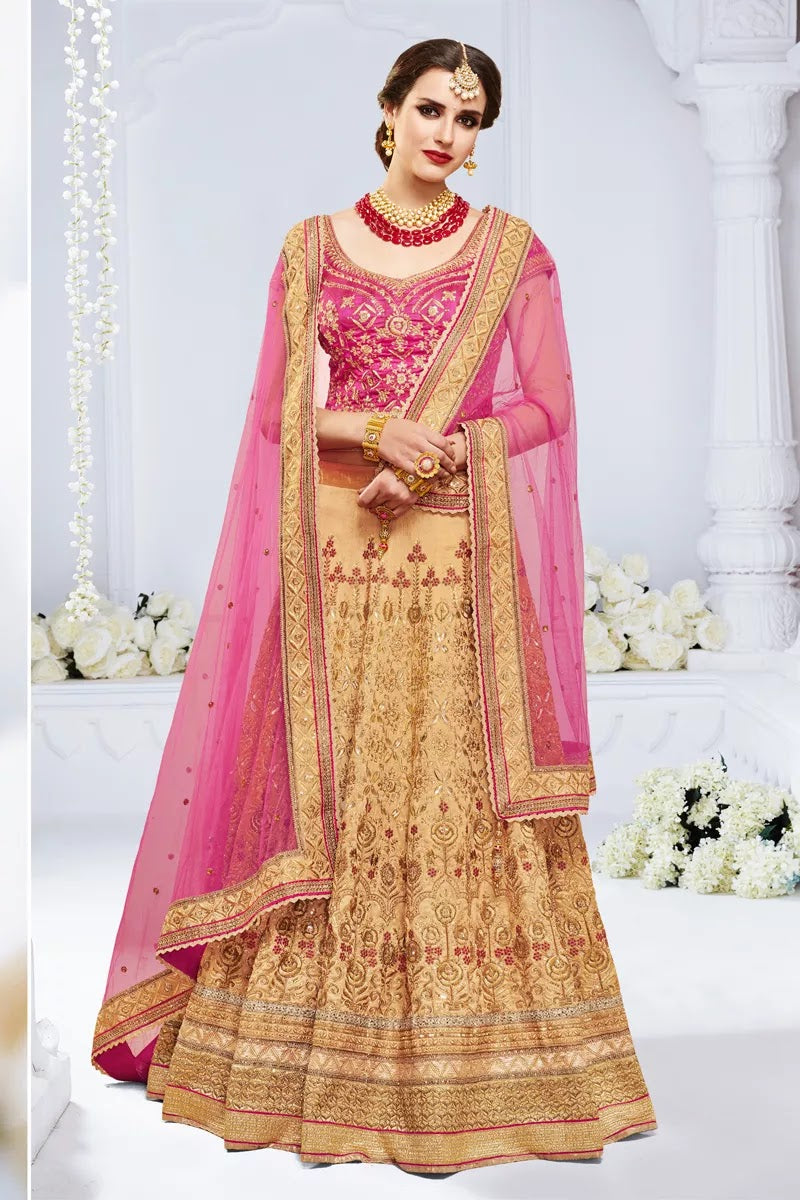 Auspicious Beige Bridal Wear Lehenga Choli In Bhagalpuri