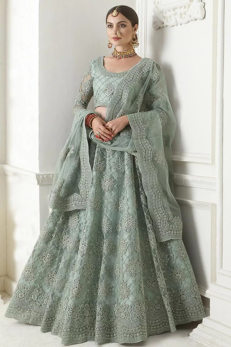 Cyan Sangeet Function Wear Designer Embroidered Lehenga In Net Fabric