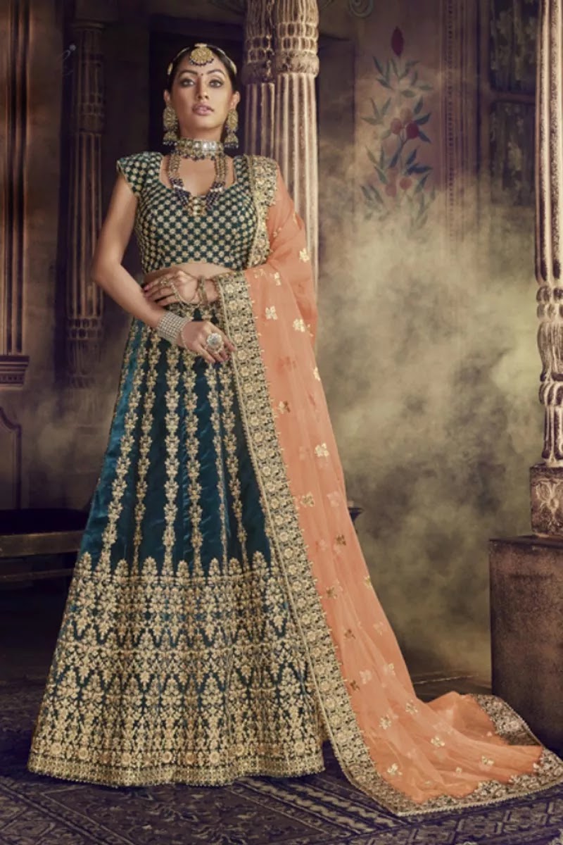 Teal Color Embroidered Wedding Wear Designer Velvet Fabric Lehenga Choli
