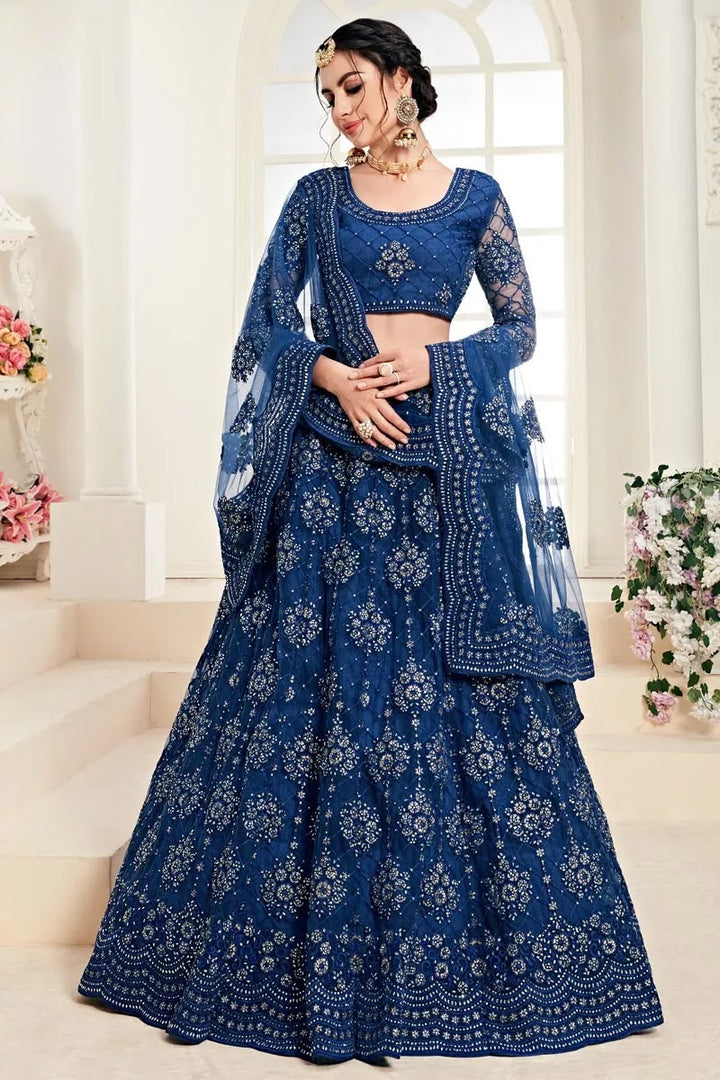 Blue Sangeet Function Wear Net Fabric Embroidered Designer Lehenga