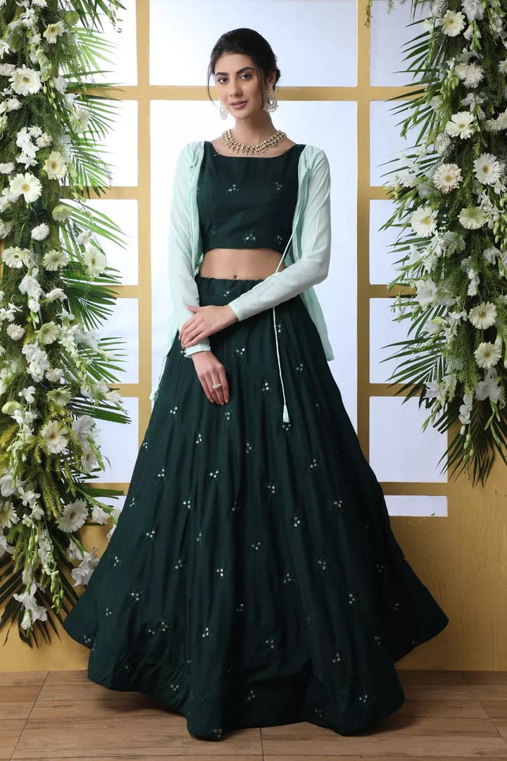 Dark Green Color Cotton Fabric Wedding Wear 3 Piece Lehenga Choli With Designer Koti