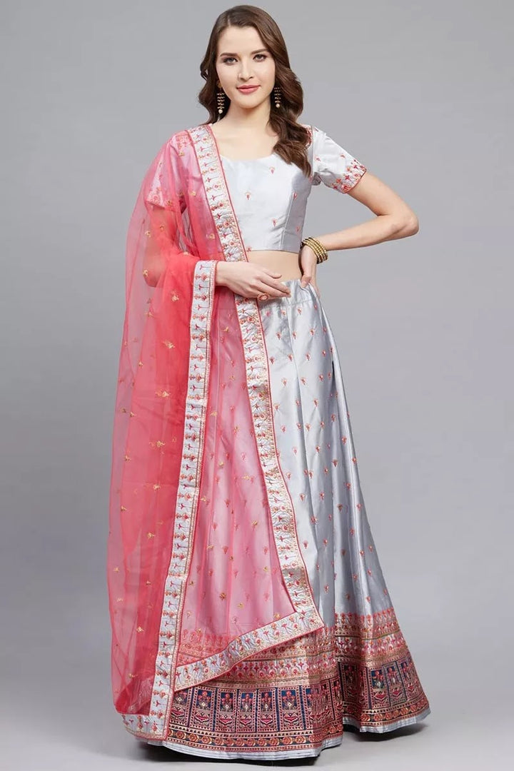 Sangeet Wear Grey Color Embroidered Satin Fabric Designer Lehenga Choli