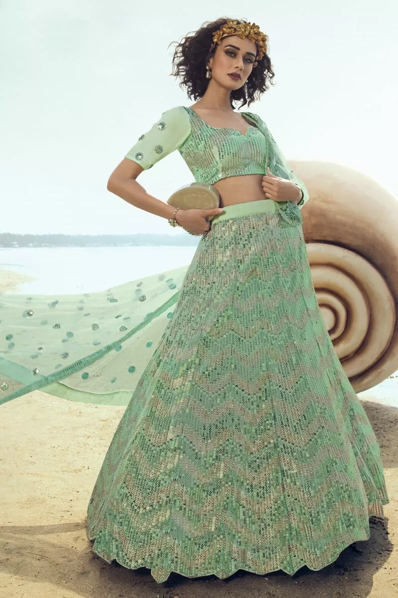 Net Fabric Reception Wear Designer Lehenga Choli In Sea Green Color
