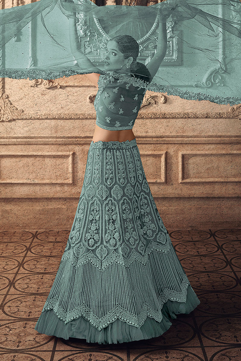 Net Fabric Dark Teal Color Reception Wear Lehenga Choli With Embroidery Work