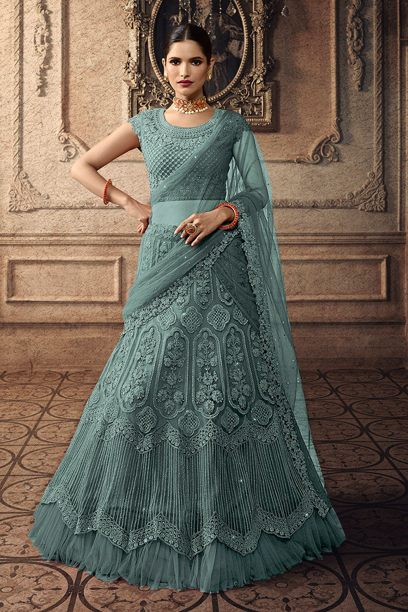 Net Fabric Dark Teal Color Reception Wear Lehenga Choli With Embroidery Work