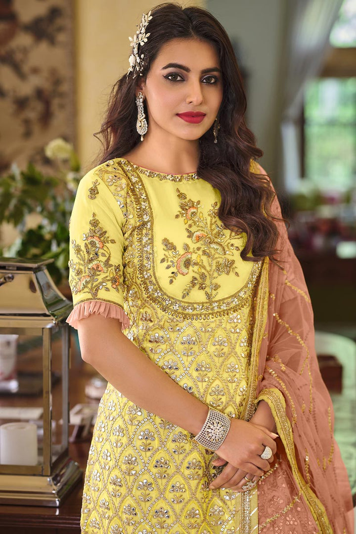 Festive Wear Georgette Fabric Yellow Color Embroidered Palazzo Suit