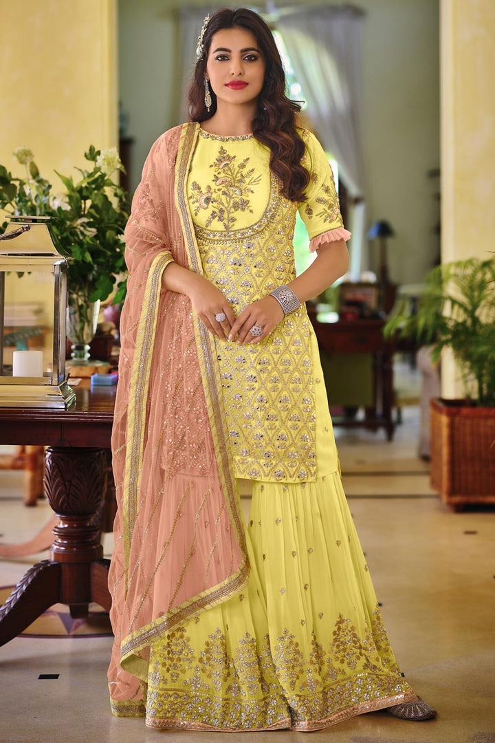 Festive Wear Georgette Fabric Yellow Color Embroidered Palazzo Suit