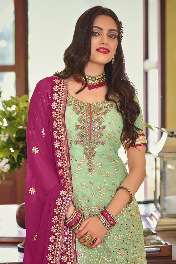 Georgette Fabric Embroidered Festive Wear Palazzo Suit In Sea Green Color