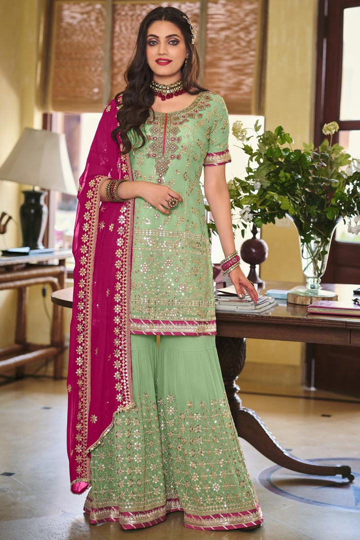Georgette Fabric Embroidered Festive Wear Palazzo Suit In Sea Green Color