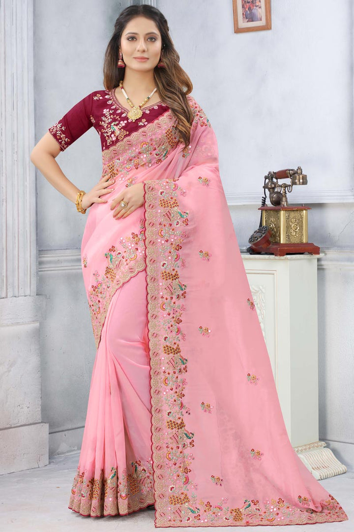Organza Fabric Function Wear Pink Embroidered Designer Saree