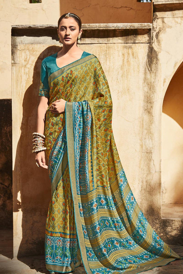 Party Wear Art Silk Fabric Printed Saree In Yellow Color