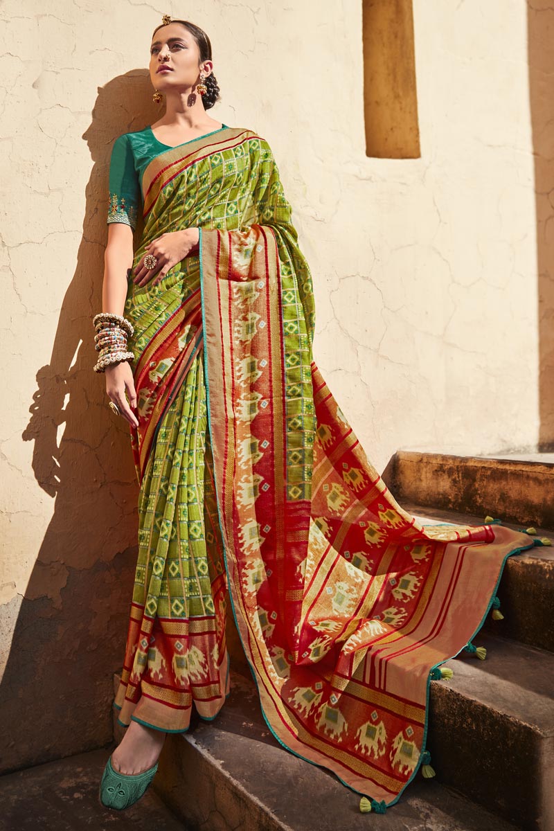 Art Silk Fabric Festive Wear Green Color Fancy Printed Saree