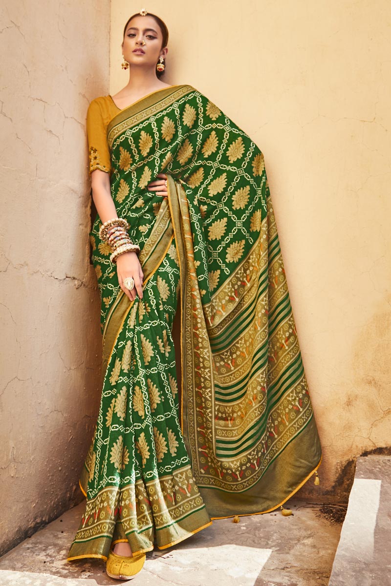 Dark Green Color Function Wear Art Silk Fabric Printed Fancy Saree