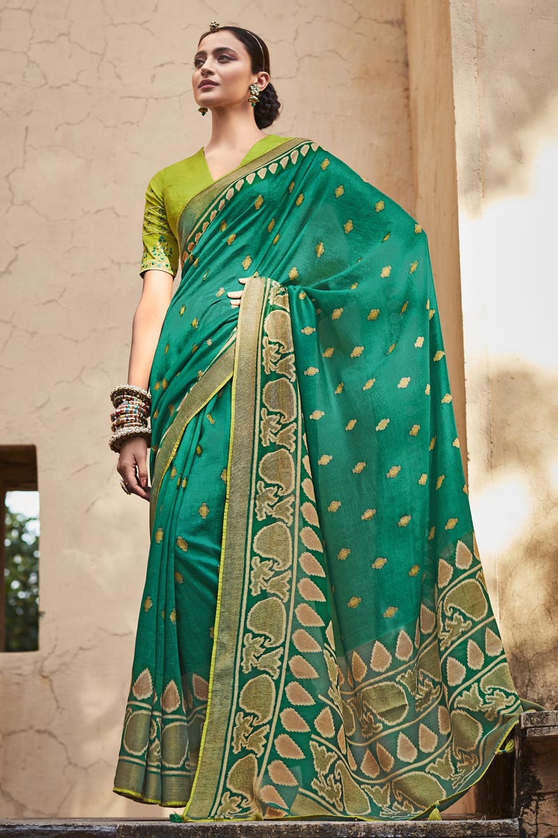 Party Wear Green Color Fancy Art Silk Fabric Printed Saree