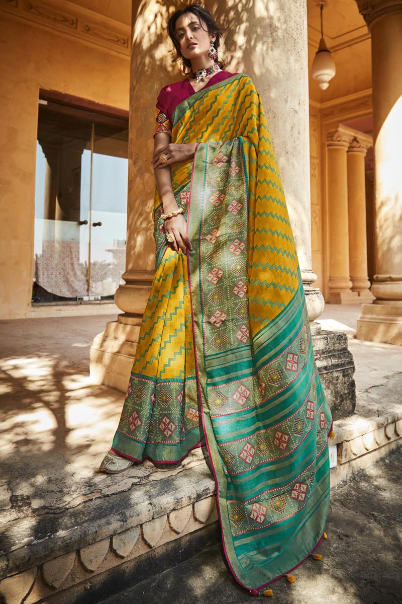 Festive Wear Yellow Art Silk Fabric Printed Fancy Saree