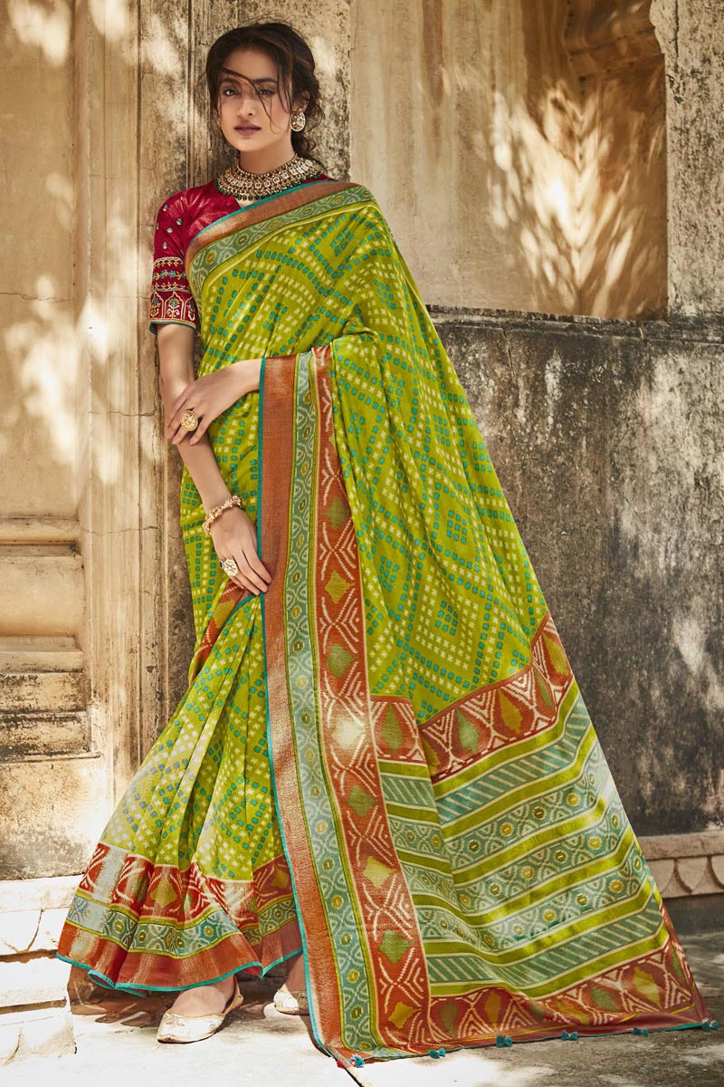 Art Silk Fabric Festive Wear Green Color Printed Saree