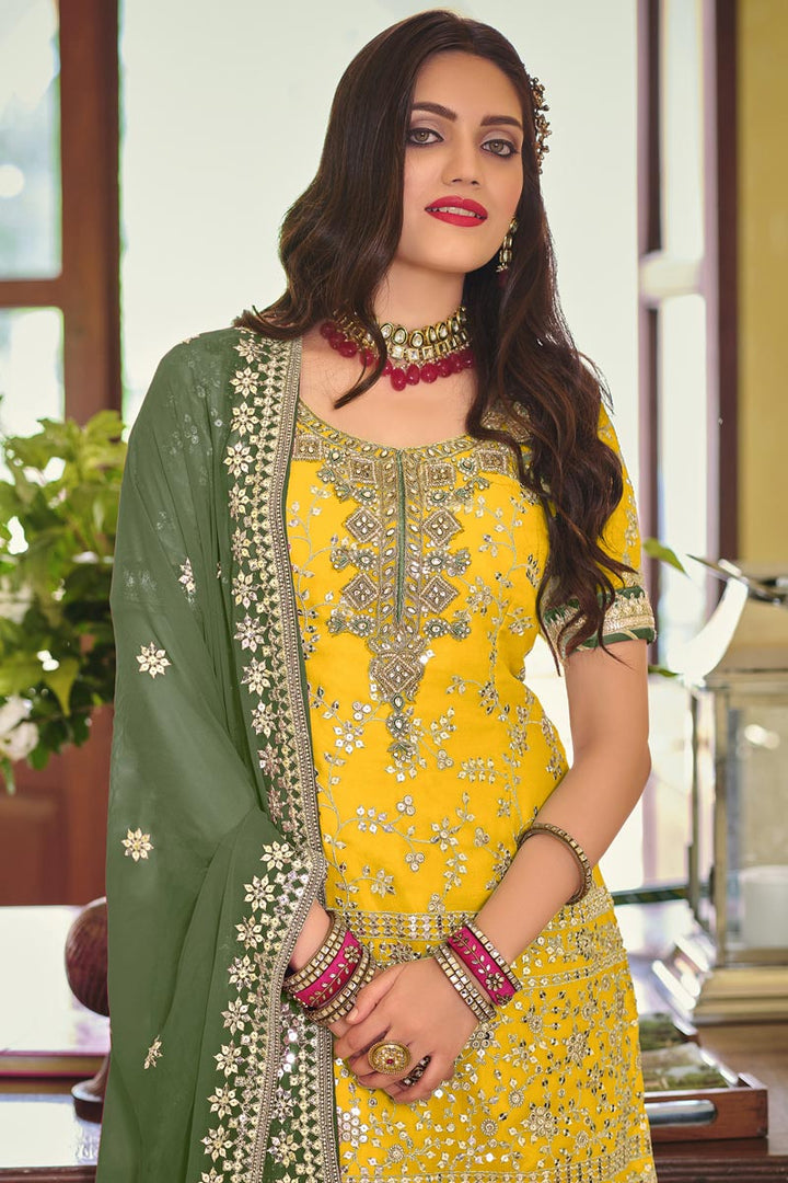Georgette Gorgeous Embroidered Yellow Color Function Wear Palazzo Suit