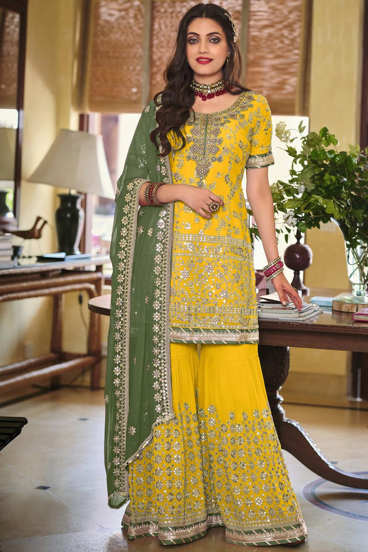 Georgette Gorgeous Embroidered Yellow Color Function Wear Palazzo Suit