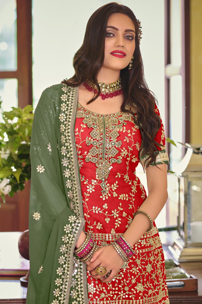 Georgette Fabric Red Embroidered Festive Wear Palazzo Suit