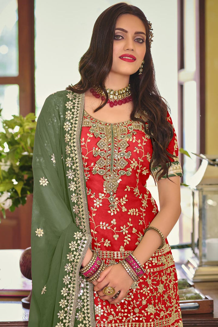 Georgette Fabric Red Embroidered Festive Wear Palazzo Suit