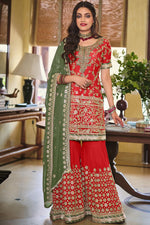 Load image into Gallery viewer, Georgette Fabric Red Embroidered Festive Wear Palazzo Suit
