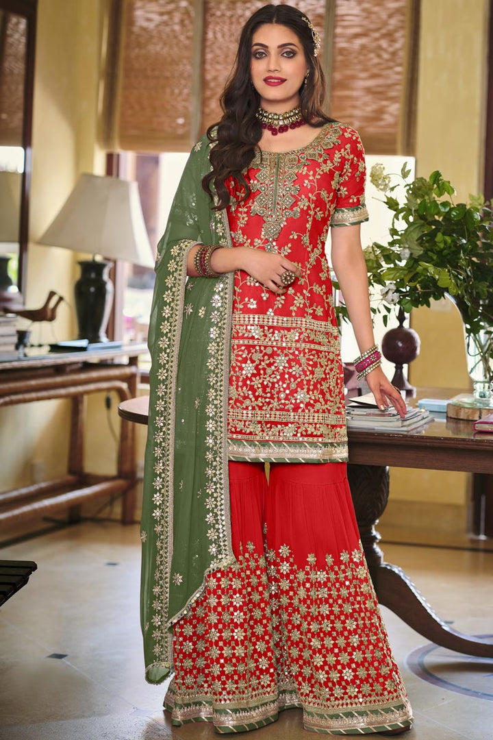 Georgette Fabric Red Embroidered Festive Wear Palazzo Suit