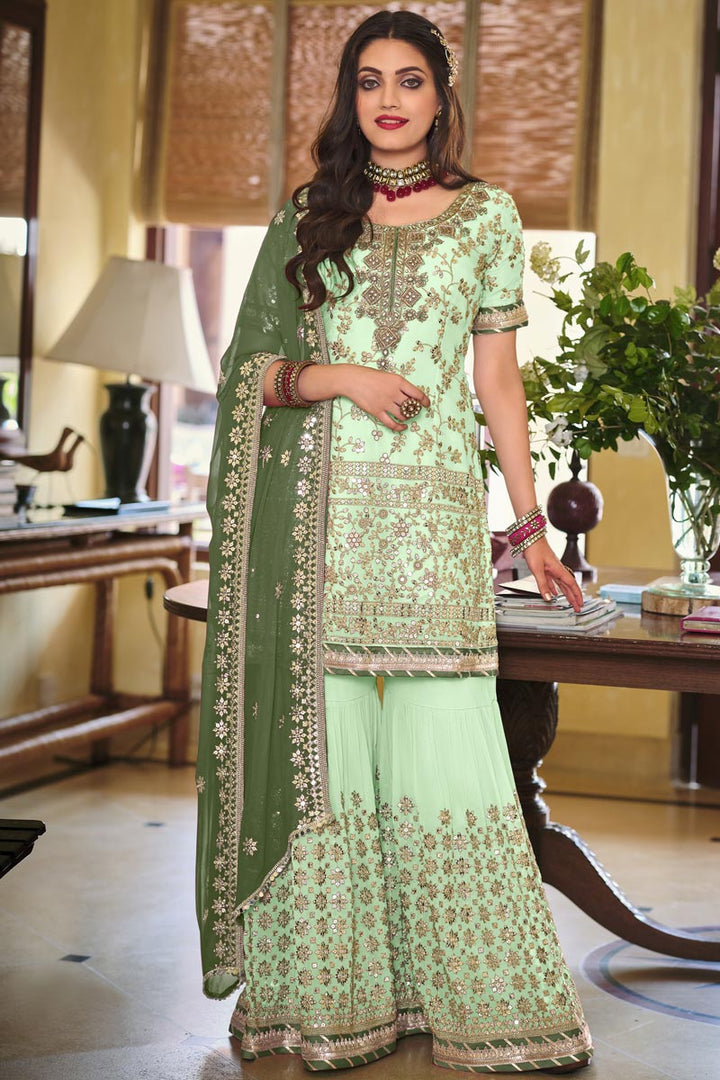 Gorgeous Sea Green Georgette Festive Wear Embroidered Palazzo Suit