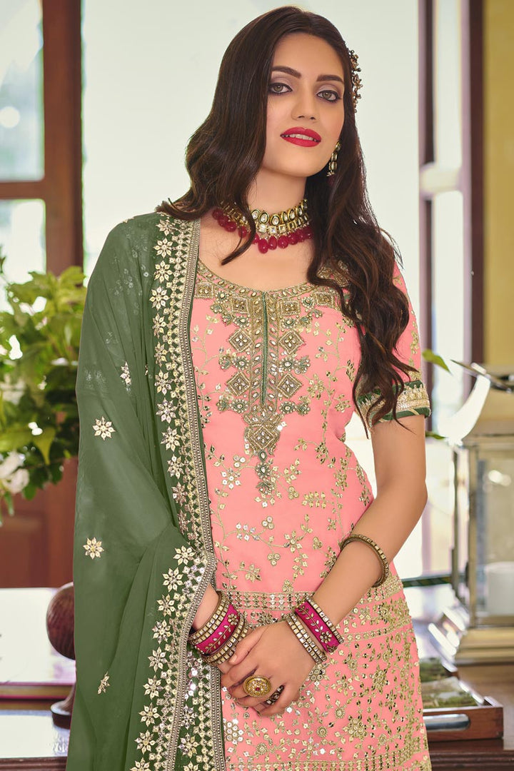 Festive Wear Pink Embroidered Georgette Fabric Beautiful Palazzo Suit
