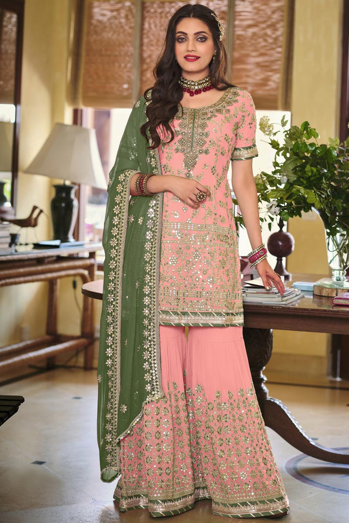 Festive Wear Pink Embroidered Georgette Fabric Beautiful Palazzo Suit