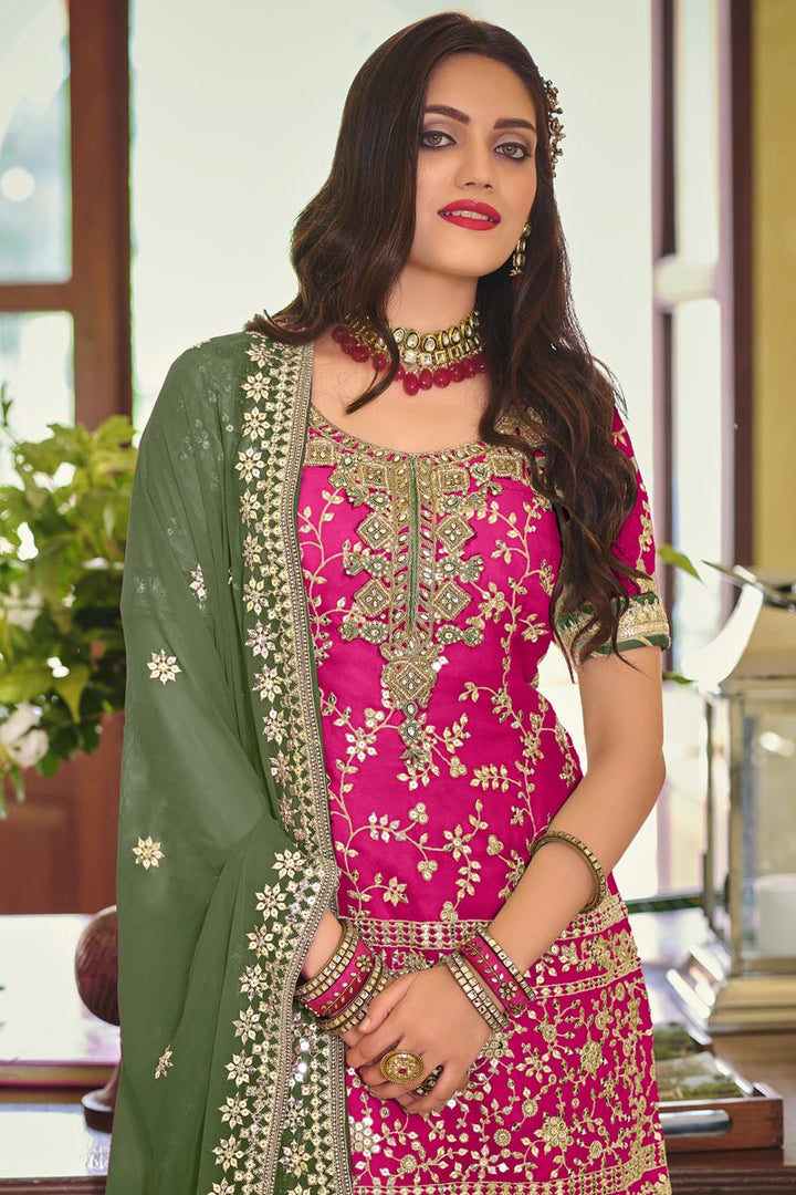 Magenta Color Attractive Embroidered Georgette Function Wear Palazzo Suit