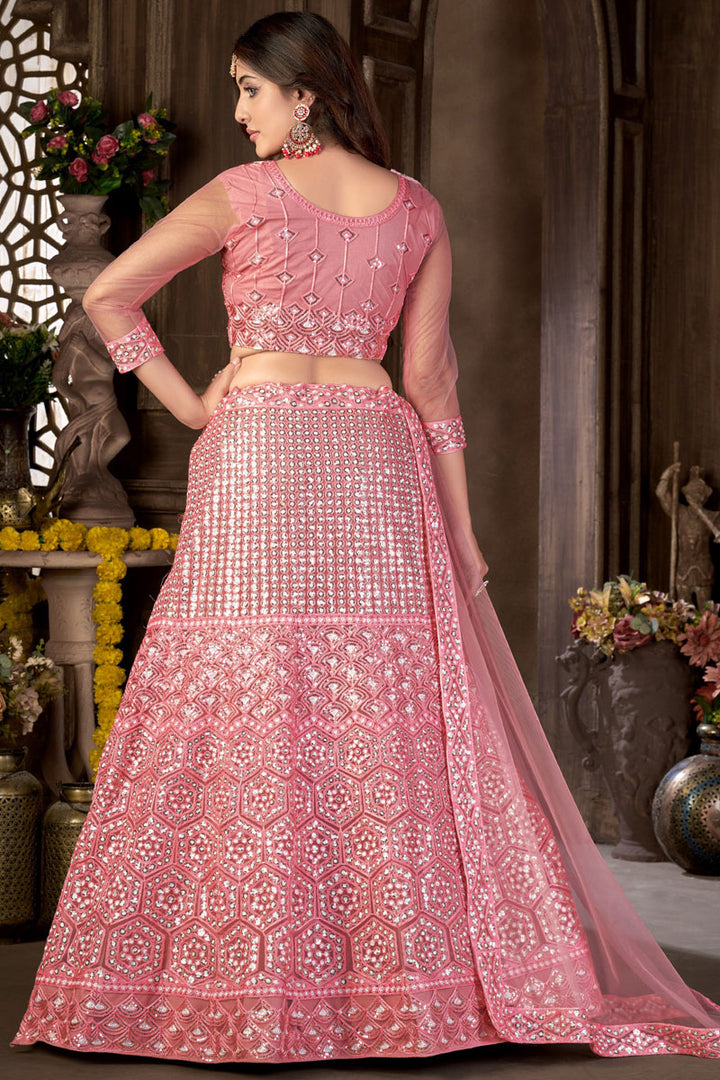 Net Fabric Pink Color Wonderful Lehenga With Sequins Work